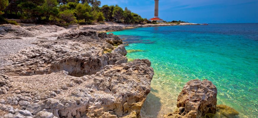 Veli Rat lighthouse and turquoise beach view Dugi Otok