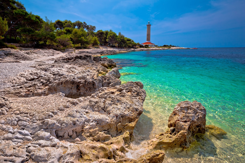 Veli Rat lighthouse and turquoise beach view Dugi Otok