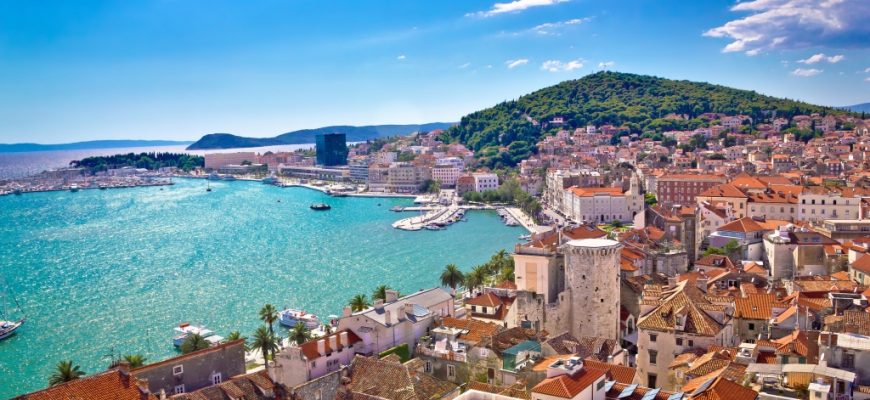 Split waterfront and Marjan hill aerial view